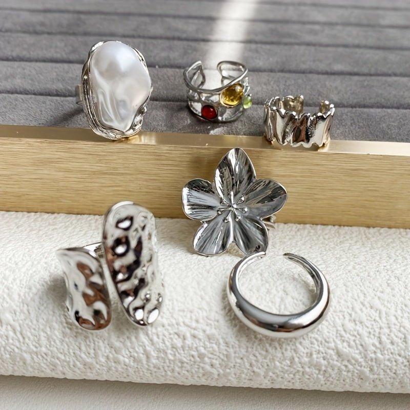 6pcs set of fashionable open ring sets, adjustable in size, suitable for many people to wear high-end rings, beautiful when worn alone or stacked, exquisite gift for friends, bohemian style jewelry combination